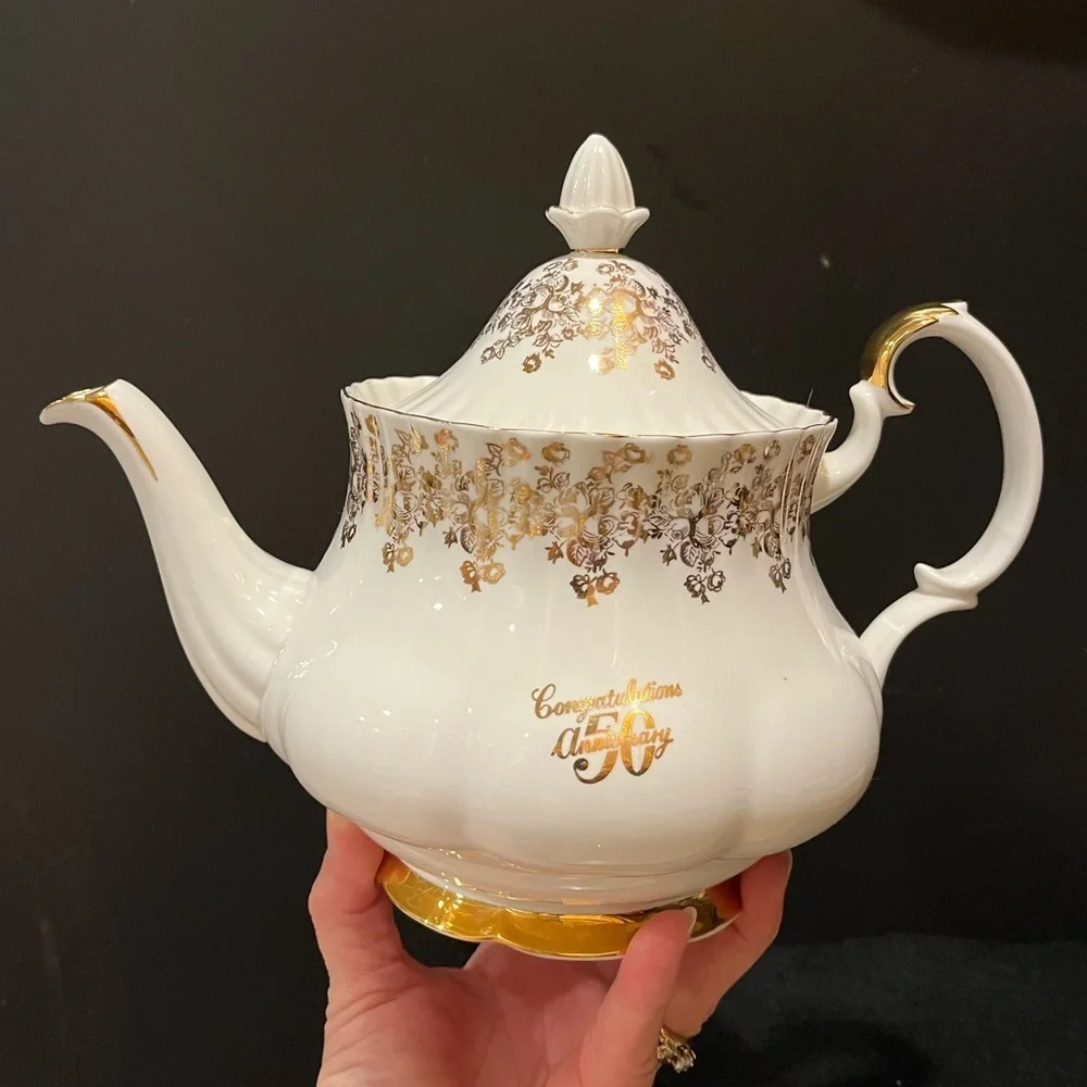 Vintage Royal Albert 50th Anniversary Elegant White and Gold Teapot, England